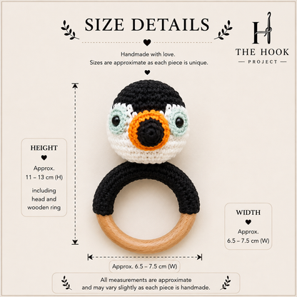 Size details of Pippo the Crochet Puffin handmade baby teether and rattle with natural wooden ring