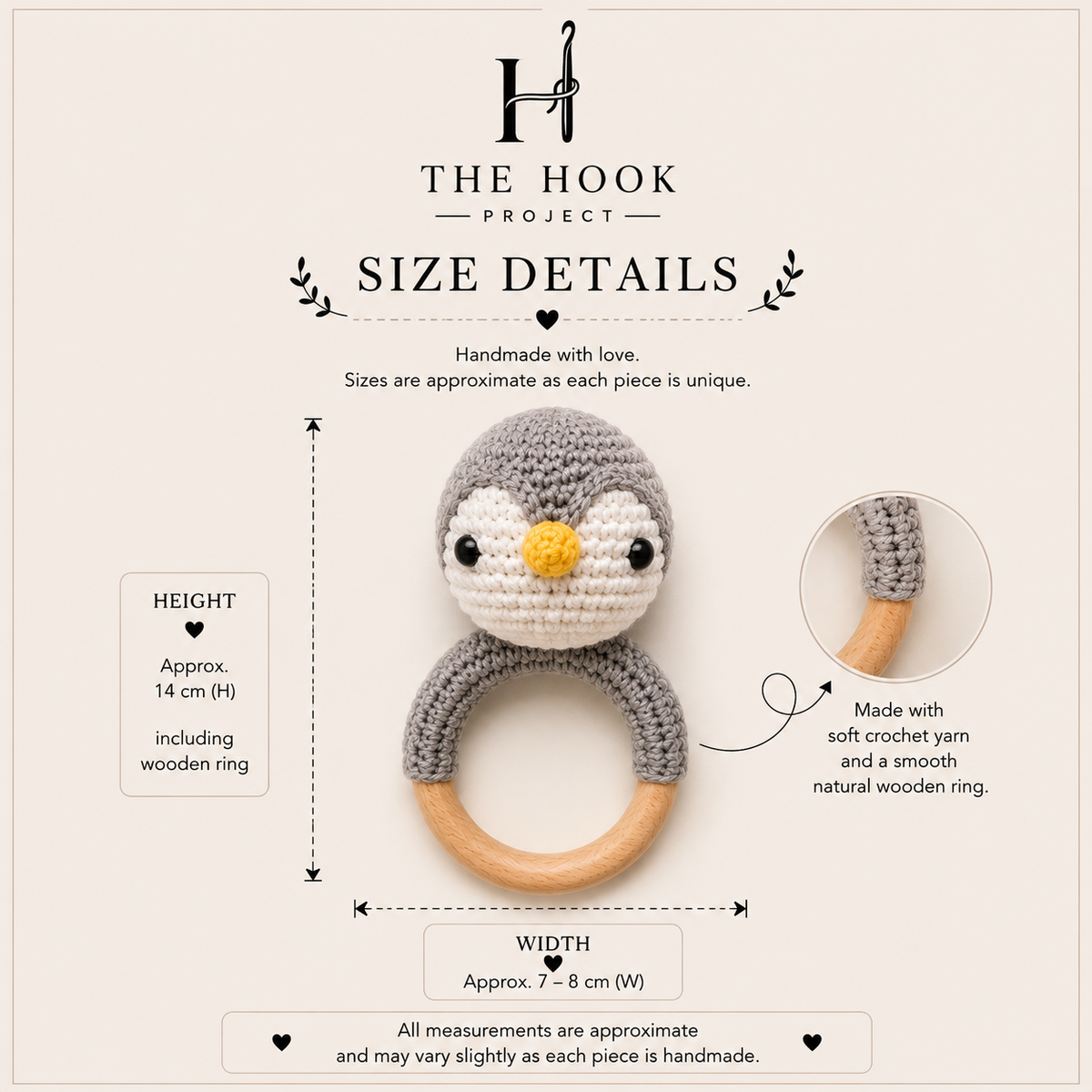 Size details of Pingu the Crochet Penguin handmade baby teether and rattle with natural wooden ring