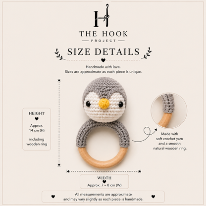 Size details of Pingu the Crochet Penguin handmade baby teether and rattle with natural wooden ring
