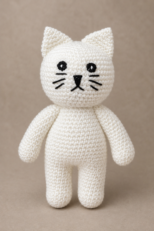 Handmade white crochet cat toy on a beige background