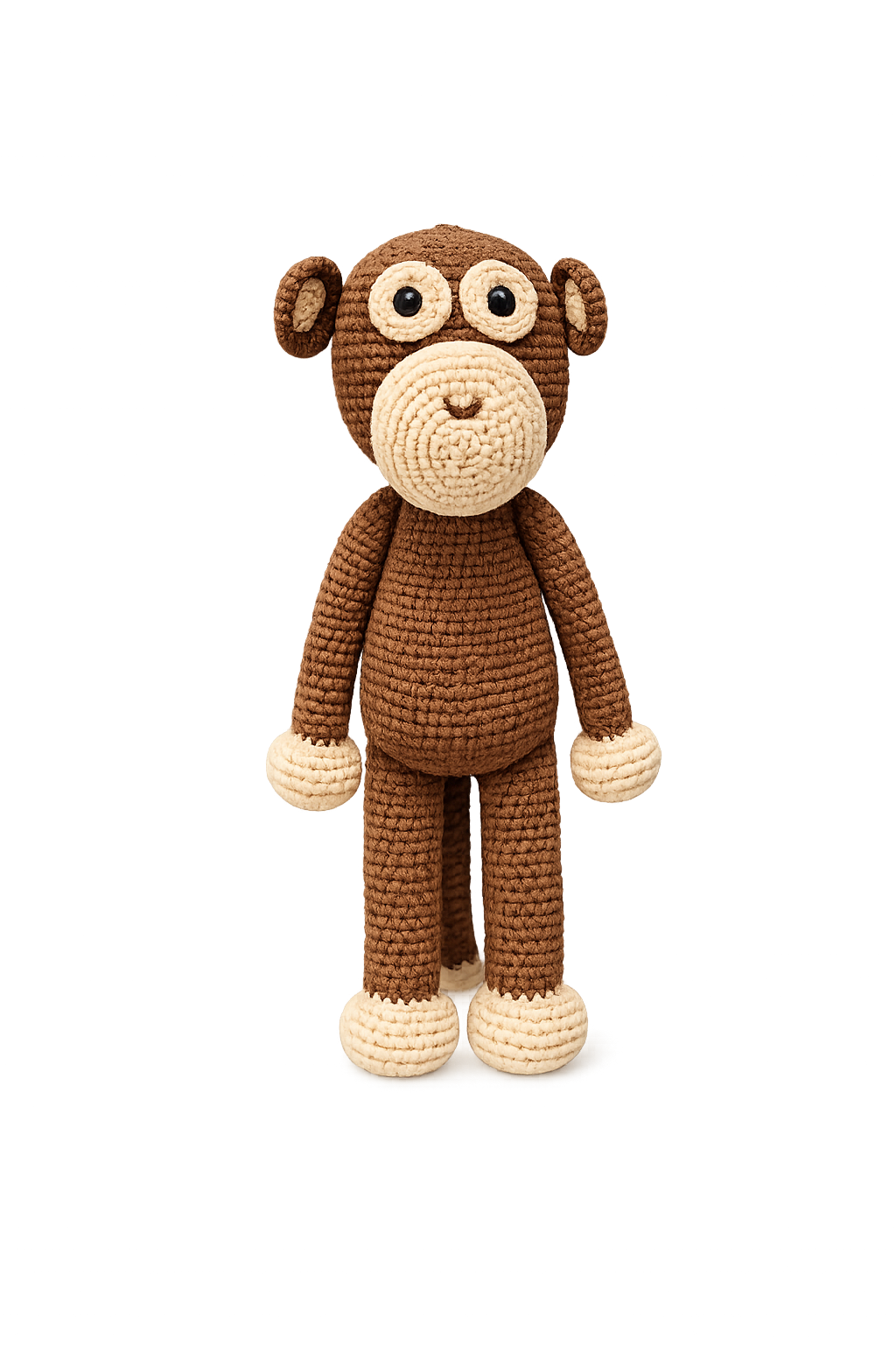 Handcrafted brown crochet monkey plush toy with long limbs and soft cotton yarn detailing on a clean white background.

