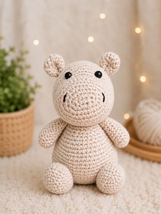 Hazel the Crochet Hippo handmade amigurumi plush toy crafted from soft cream cotton yarn with a sweet smile, tiny ears, and adorable handcrafted detailing.