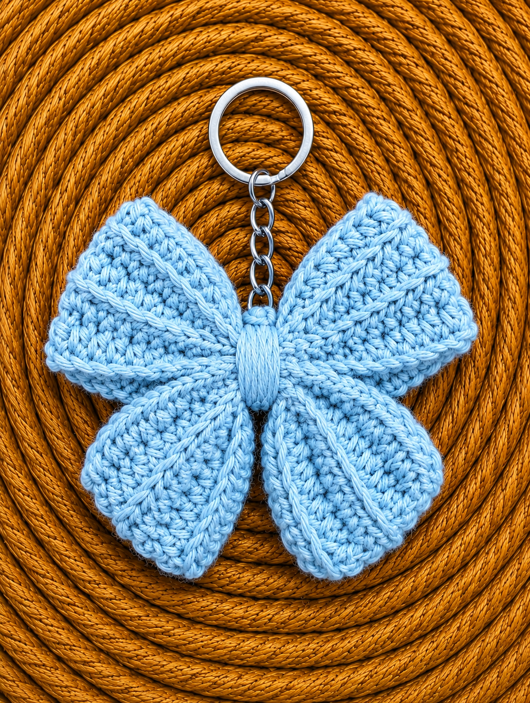 Cute handmade baby blue crochet bow keychain accessory with silver keyring, perfect for bags, purses, and keys.