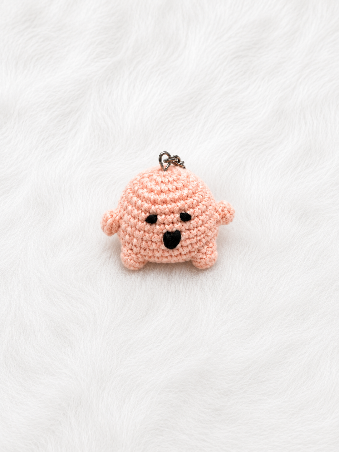 Soft Peach Boo the Ghost Crochet Keychain handmade with premium yarn, cute amigurumi ghost keyring for keys, bags, and backpacks.