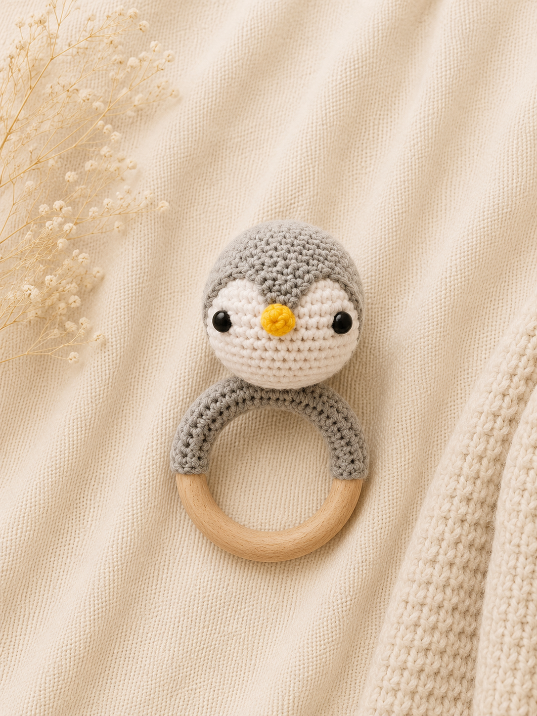 Pingu the Crochet Penguin handmade baby teether and rattle with natural wooden ring