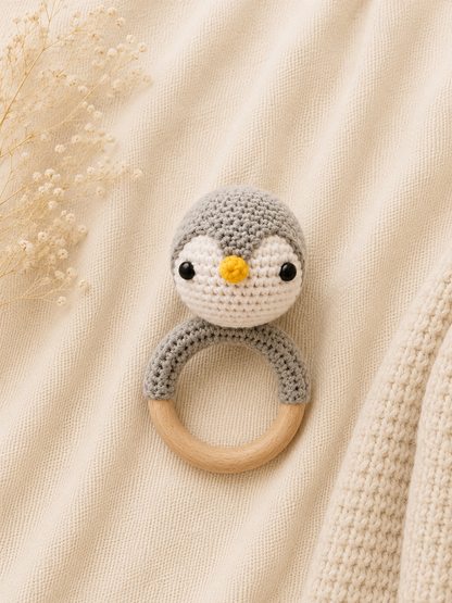 Pingu the Crochet Penguin handmade baby teether and rattle with natural wooden ring