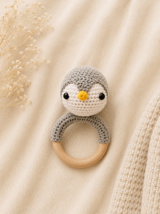 Pingu the Crochet Penguin handmade baby teether and rattle with natural wooden ring