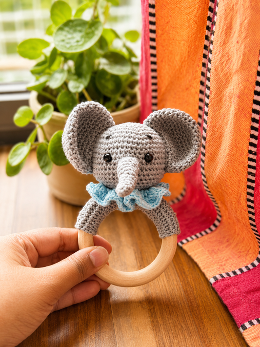 Gannu the crochet elephant wooden teether and rattle in grey and blue