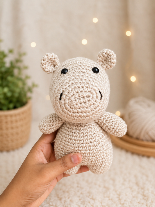 Hazel the Crochet Hippo handmade amigurumi plush toy crafted from soft cream cotton yarn with a sweet smile, tiny ears, and adorable handcrafted detailing.