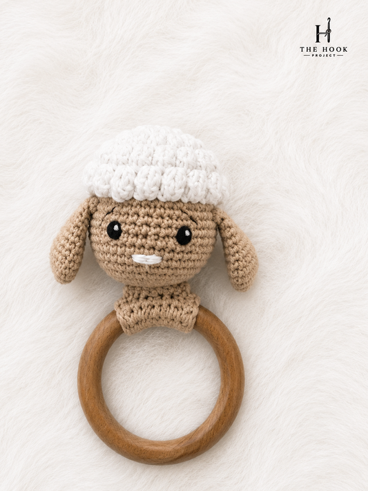 Crochet Lamb Wooden Teether Rattle